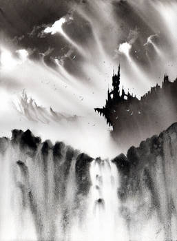 Watercolor, Monochromatic fantasy landscape