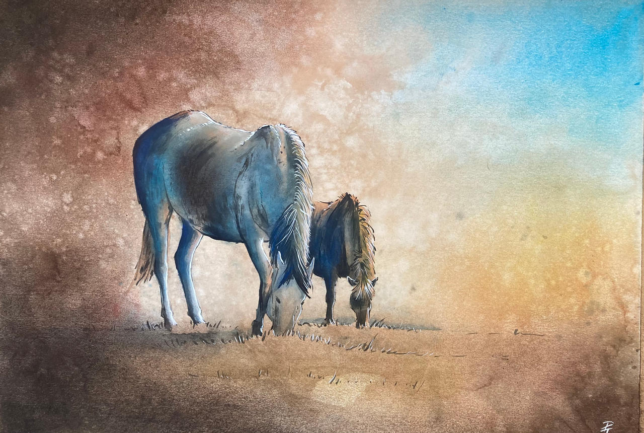 Watercolor, ink and soft pastels, horses. by Wearefamilyart on DeviantArt