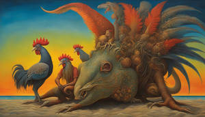 SUNSET BEACH WITH CRYPTID CREATURES