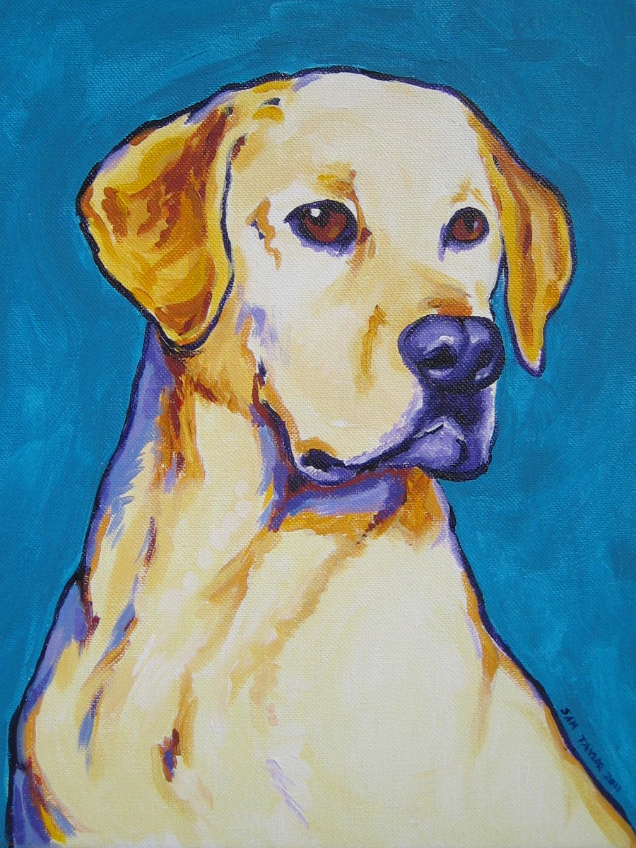 Yellow lab on Teal