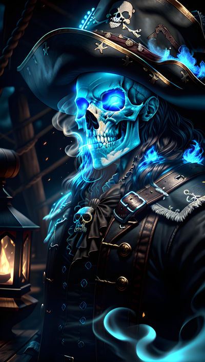 A pirate skeleton with glowy blue eyes by VeesyrsFantasy-AI on DeviantArt
