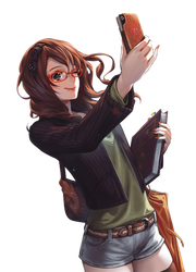 brown hair anime girl glasses phone render png