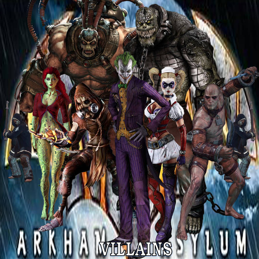 Суперзлодей игра. Batman Arkham Asylum Villains. Бэтмен Аркхем злодеи. Аркхем Сити злодеи. Аркхем асайлум био злодеев.