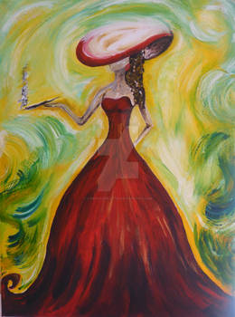 Woman in red painting, Title: TIMELESS