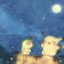 Pikachu and Caterpie at night