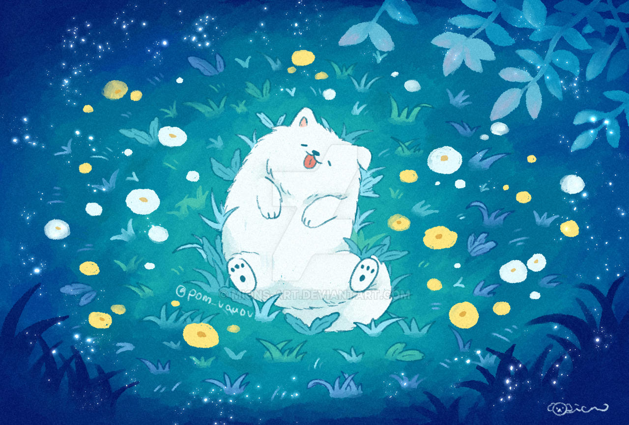 Cozy Samoyed in the night field
