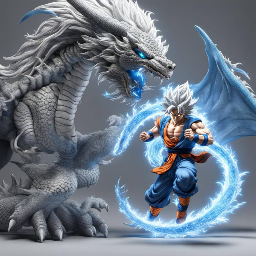 Ultra Instinct Goku fighting an ice dragon