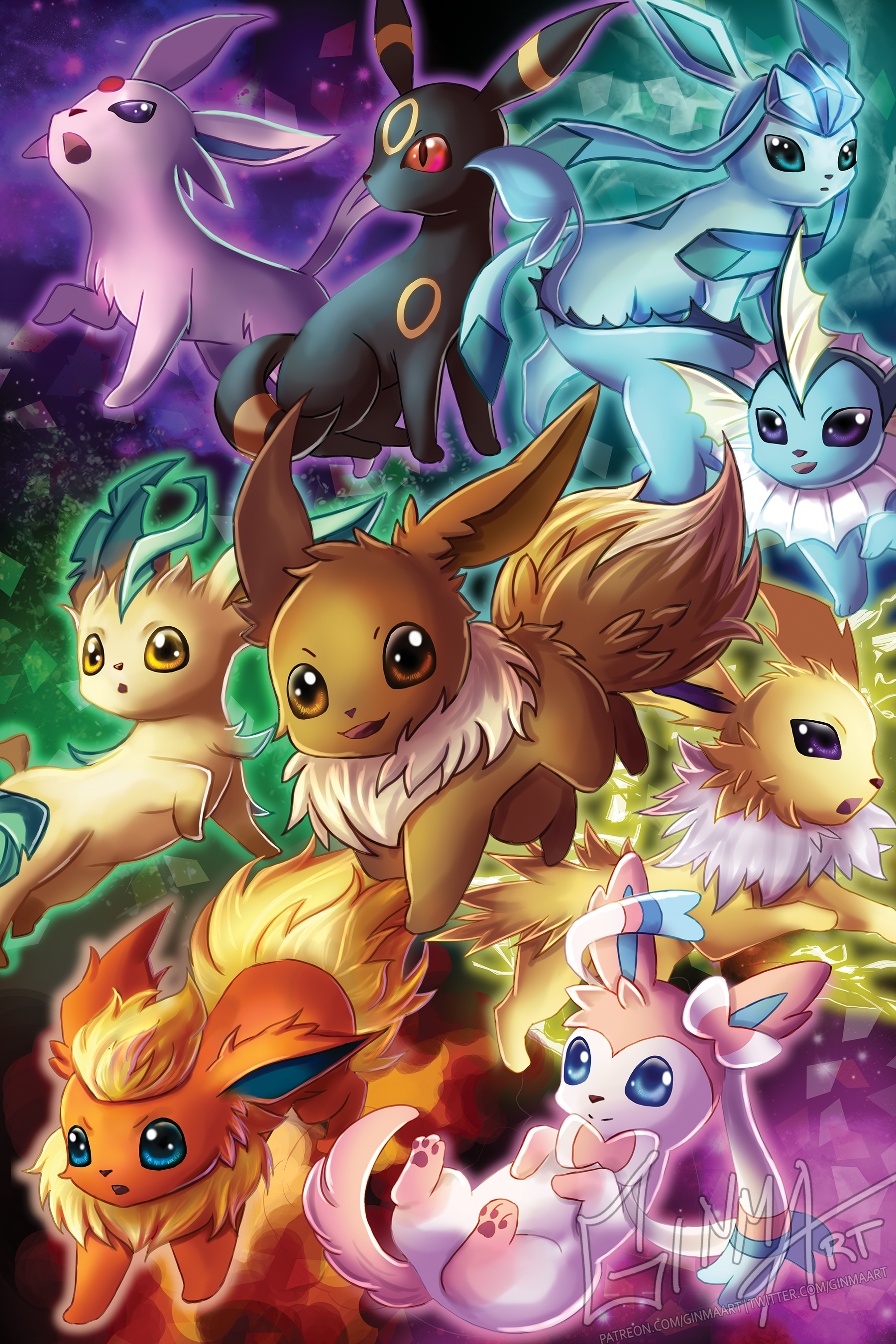 Eeveelutions Pokemon Wall Art Illustration Eevee Sylveon Vaporeon Umbreon