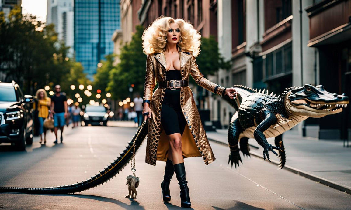 Blonde Drag Queen Walking  Her Adult Alligator On 
