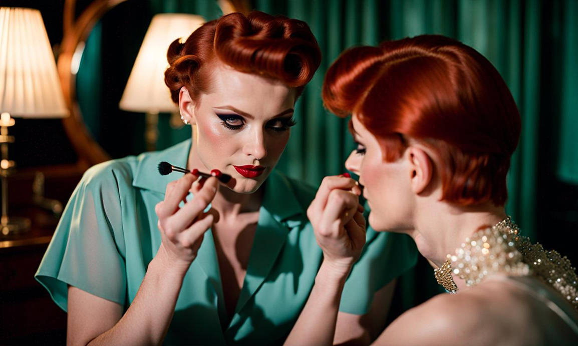 Prompt:1950's redhead GIRL Applying MAKEUP To Cros