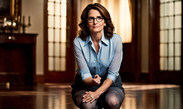 Tina Fey, glasses, wearing an untucked, light blue