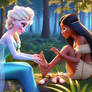 Elsa massaging Pocahontas' feet