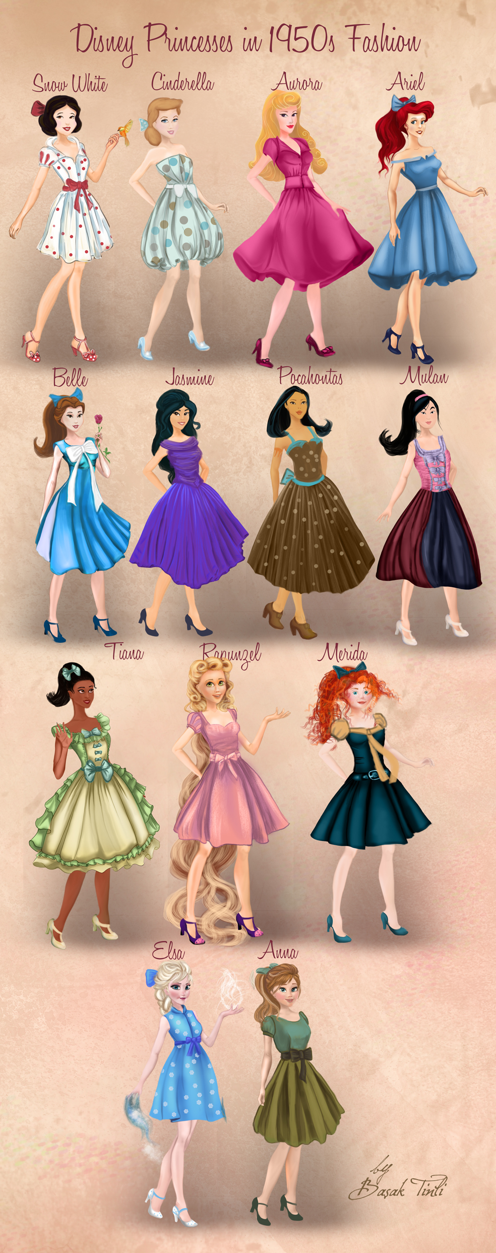 Disney Princesses in 1950s Fashion by Basak Tinli