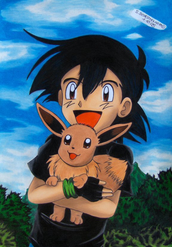 Ash hold Eevee in his arms