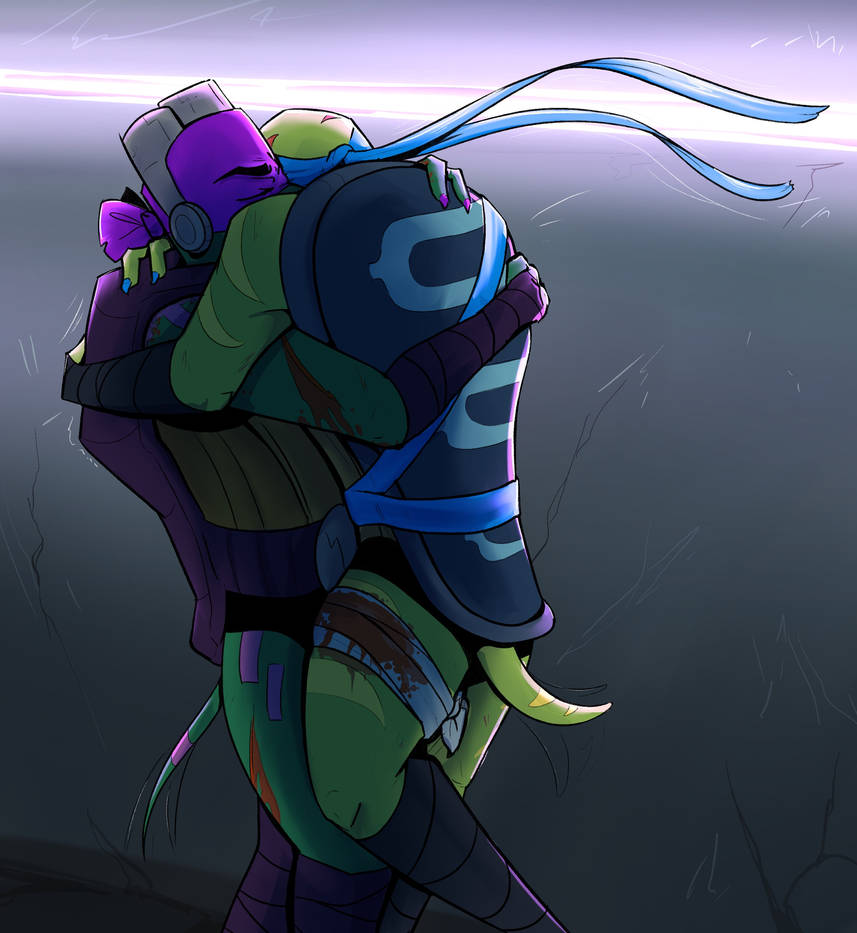 Leo and Donnie hugging desperately, Donnie's face is scrunched with emotion while Leo's is turned away.