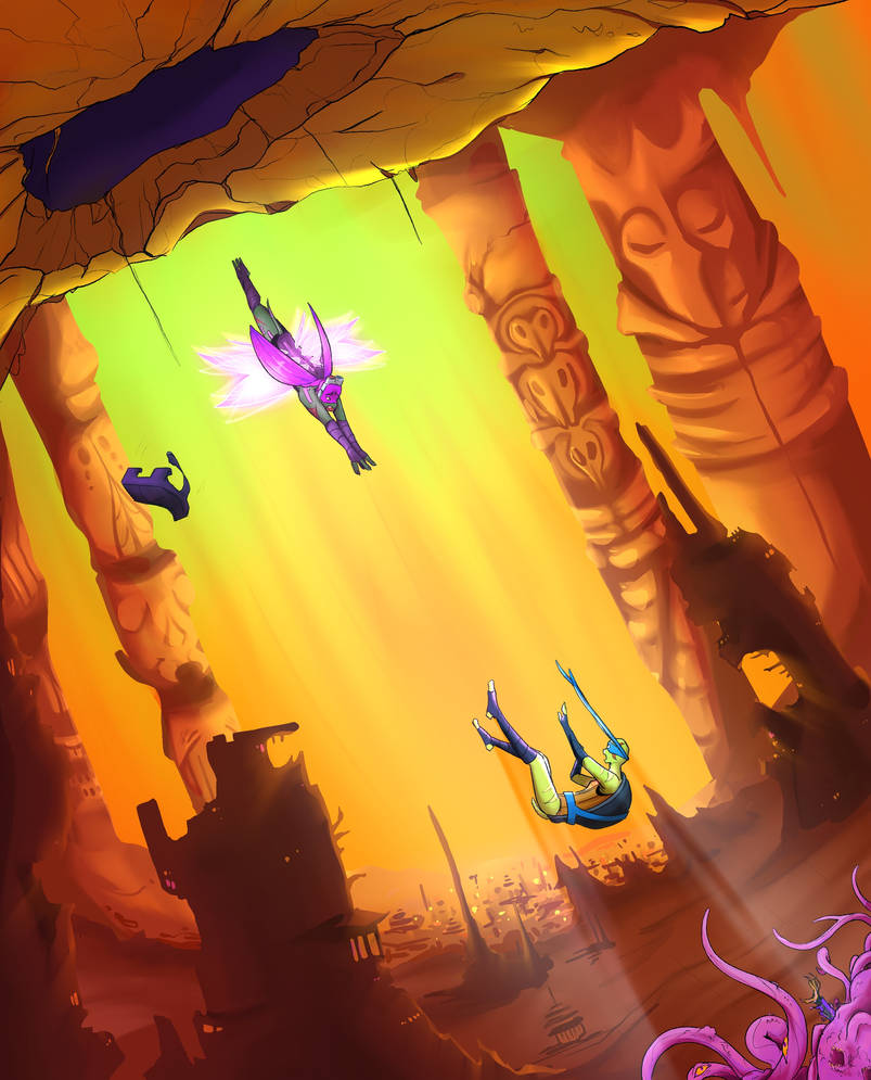Drawing of Donnie, wings spread, falling into the Hidden city after Leo. Kendra can be seen in the far corner, also falling.