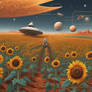 Sunflower field in the Mars with the star ship in 