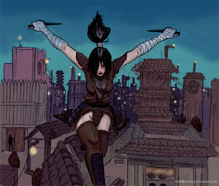ninja girl running over roof