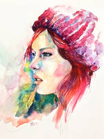 watercolor portrait, red hat girl