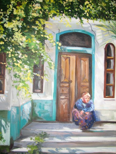 woman in front of the door