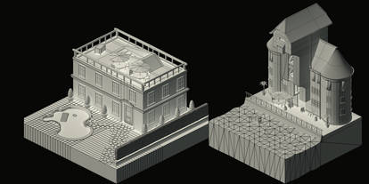 Game Assets, buildings (isometric view, Wireframe)