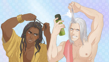 Avdol and Polnareff doing hair