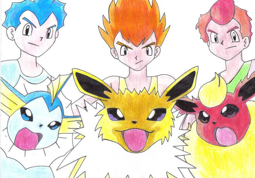 eevee, lucas, volkner, and flint (pokemon and 2 more) drawn by oshi_taberu