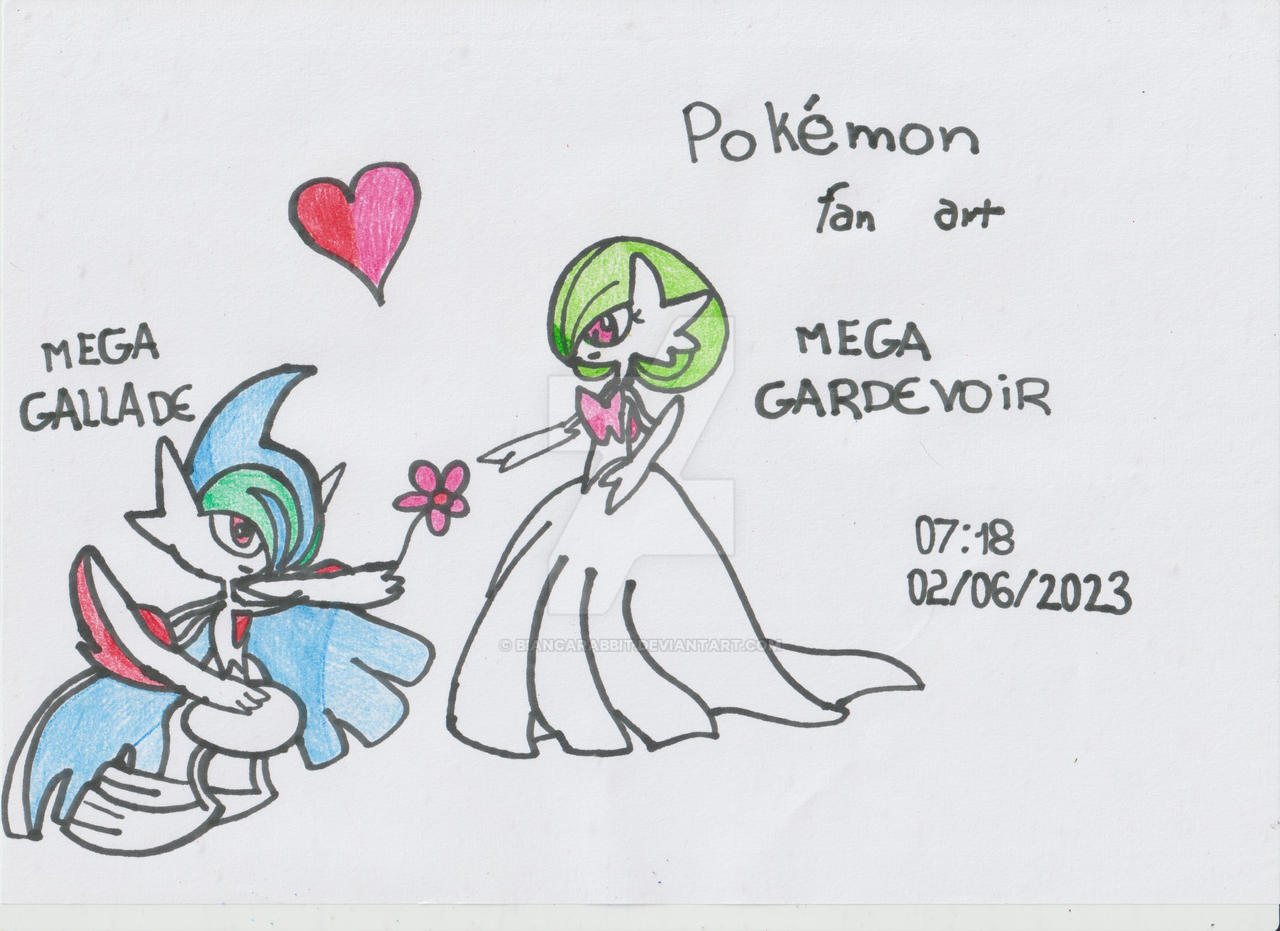 gardevoir, mega gardevoir, gallade, and mega gallade (pokemon) drawn by  monya