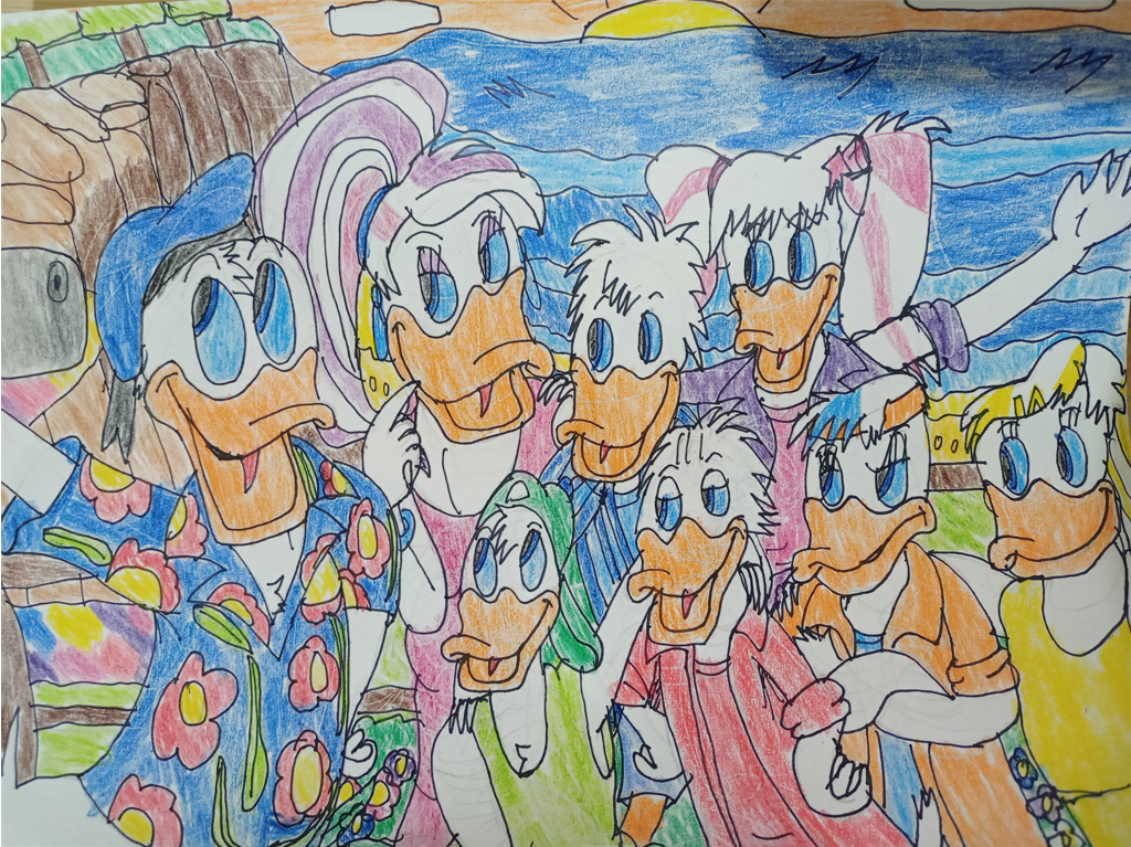 Donald and Daisy Duck with their kids on vacation by