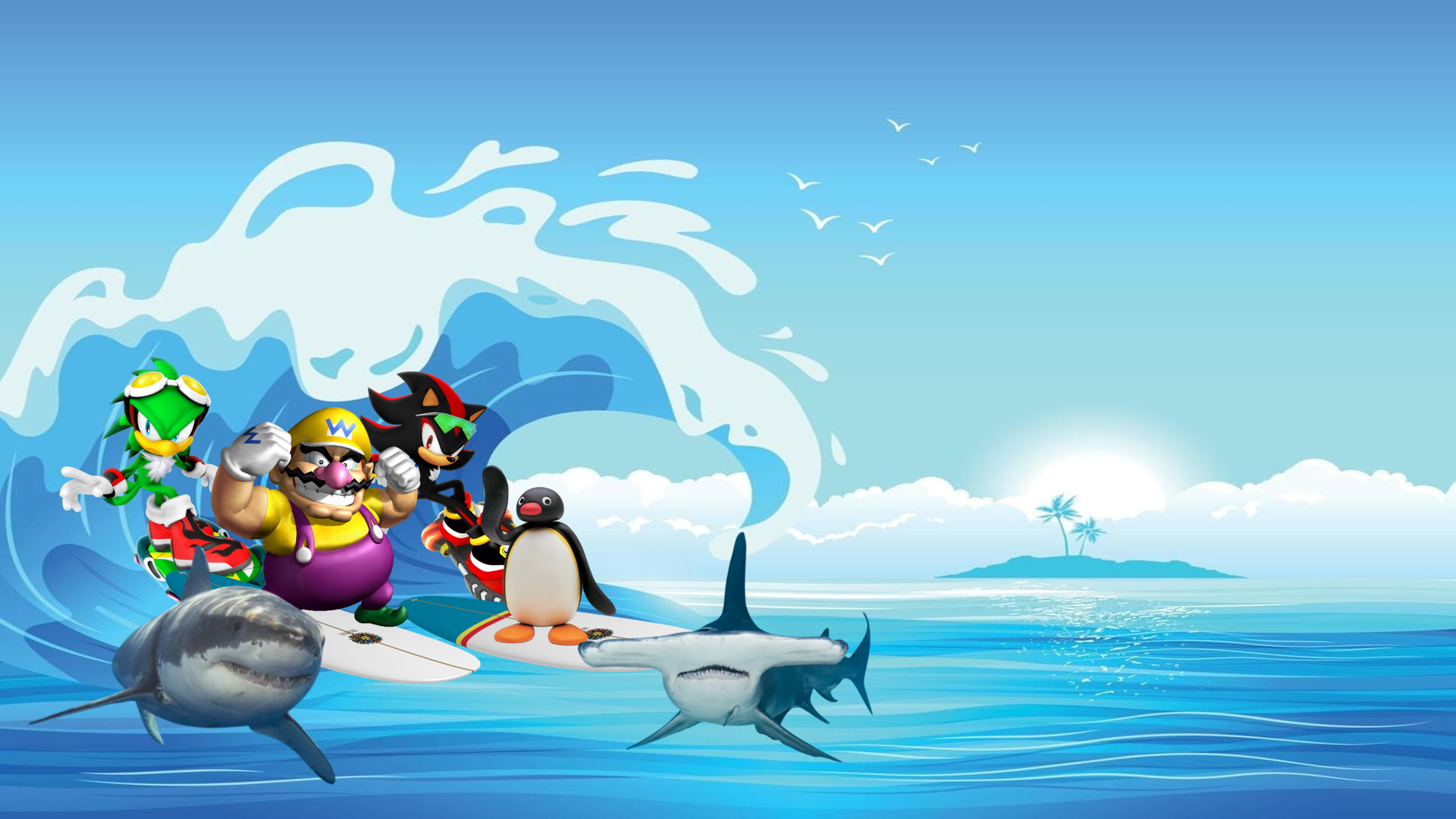 Wario, Shadow, Pingu and Jet surfing in the ocean.