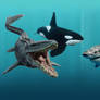 Mosasaurus and Orca hunting Great White Shark
