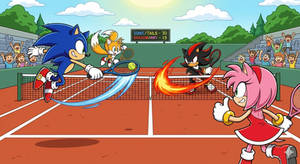 Sonic, Amy Rose, Tails and Shadow playing tennis