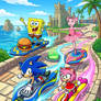 Sonic, Amy, SpongeBob, Angelina on Extreme Gears