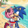 Sonic and Amy Rose kiss and hug at the beach