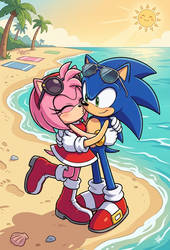 Sonic and Amy Rose kiss and hug at the beach
