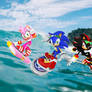 Sonic, Shadow, Jet and Amy Rose surfing in the sea