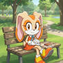 Cream the Rabbit on the park bench