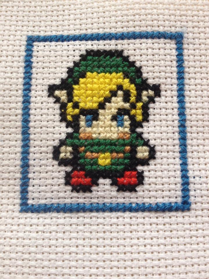 link from legend of zelda in cross stitch pattern, 8bit, Stable Diffusion