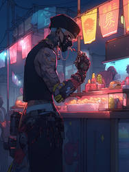  An Image Of A Cyberpunk Street Vendor With  95097