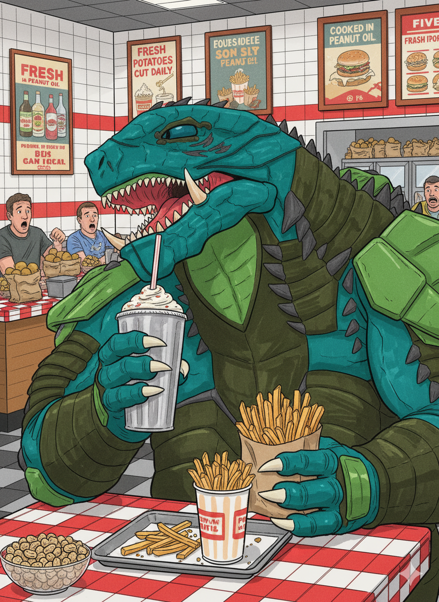 Gamera having a Milkshake and Fires at Five Guys