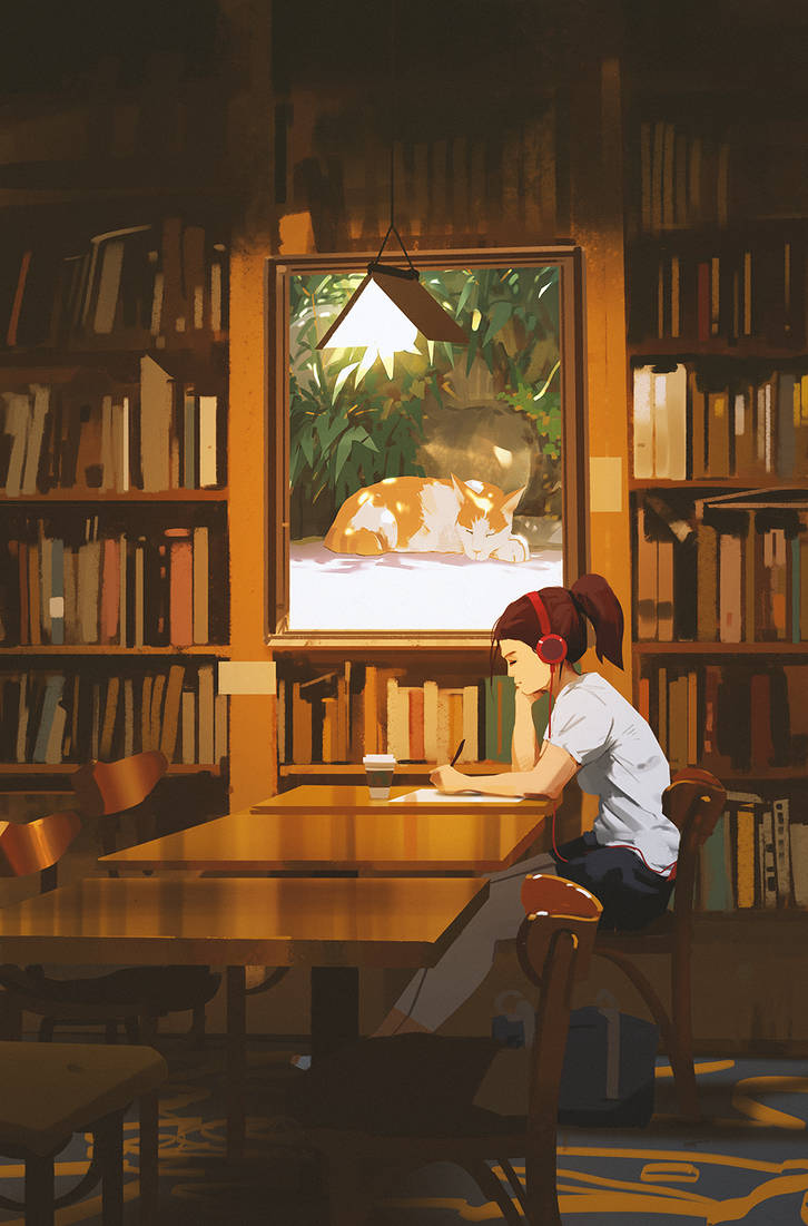 Она сидит в библиотеке. Библиотека арт. Анимешная девочка в библиотеке.