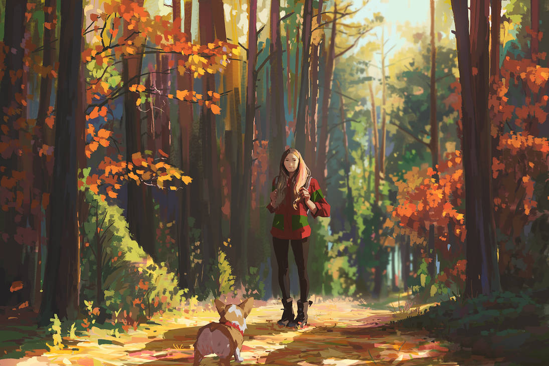Гуляла девочка в лесу. Atey Ghailan. Осень арт. Девушка в лесу арт.