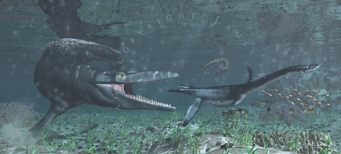 Tylosaurus and juvenile elasmosaurid