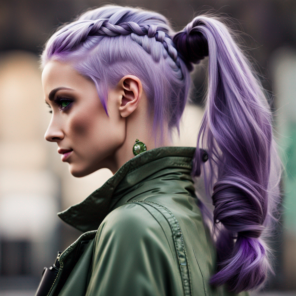 Purple hair in bun with tail grey skin green eyes