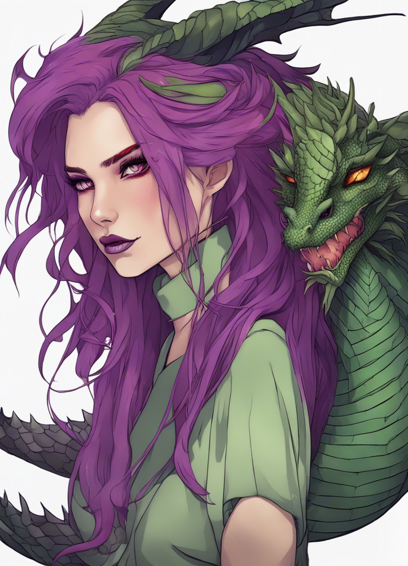 Dragon woman green eyes purple hair scarlet scales