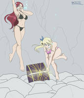 Lucy and Erza Diving for Gold