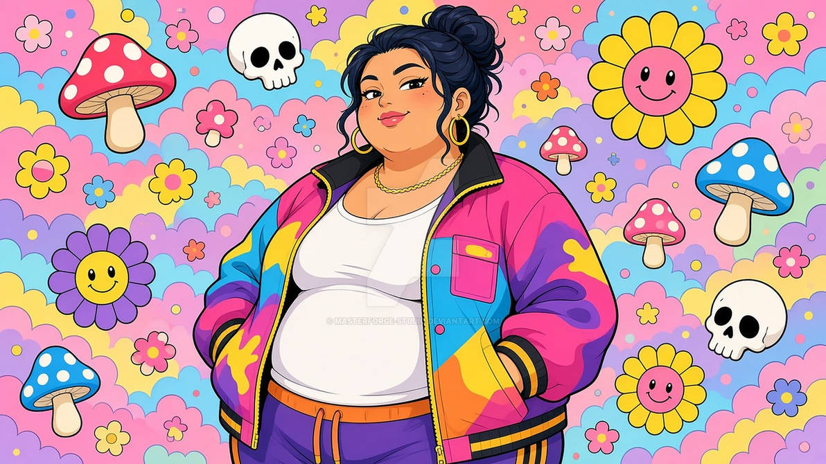 Fiower Pattern Smiling Woman in Colour-Block Jacket — Mushroom and Flower Pattern by ...