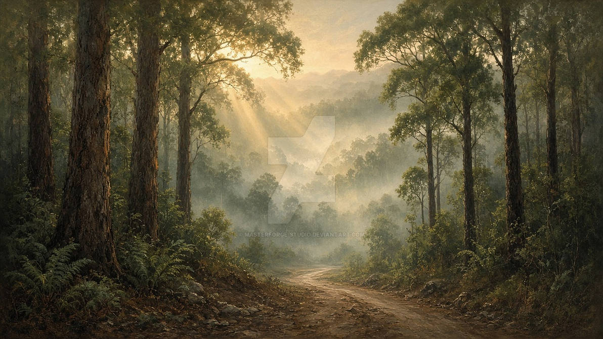 Tsll Tree Misty Forest Path — Sunrise God-Rays Through Tall Trees by MasterForge ...