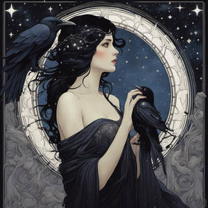 Beautiful goddes of night with black raven and wit