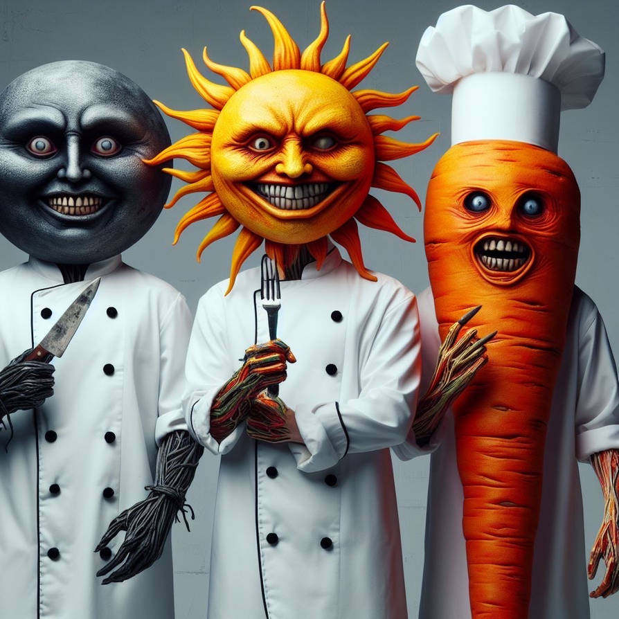 Creepy Humanoid Moon. Sun and Carrott as Chefs by Elldog1994 on DeviantArt